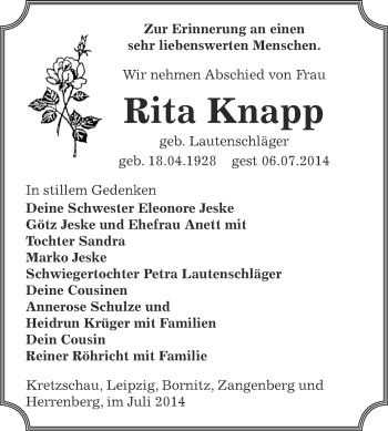 Traueranzeige von Rita Knapp von Super Sonntag Zeitz