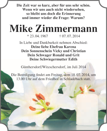 Traueranzeige von Mike Zimmermann von Super Sonntag Merseburg
