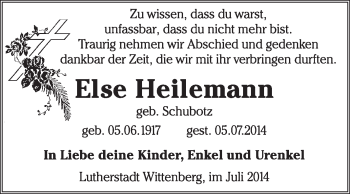 Traueranzeige von Else Heilemann von Super Sonntag Wittenberg