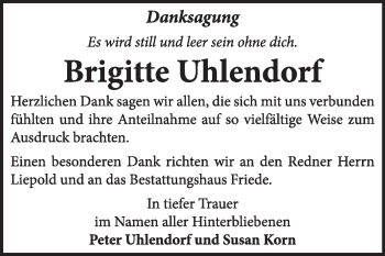 Traueranzeige von Brigitte Uhlendorf von Super Sonntag Dessau / Köthen