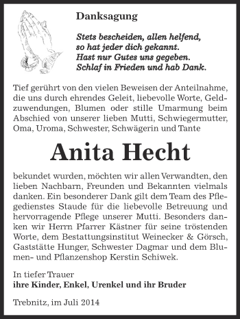 Traueranzeige von Anita Hecht von Super Sonntag Bernburg