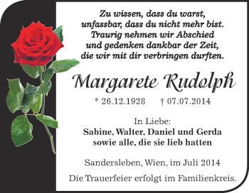 Traueranzeige von Margarete Rudolph von WVG - Wochenspiegel Aschersleben