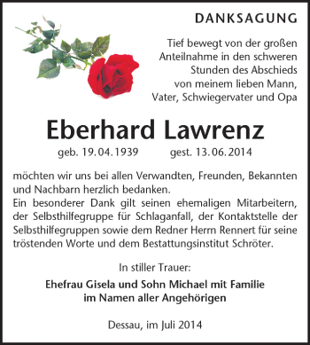 Traueranzeige von Eberhard Lawrenz von Super Sonntag Dessau / Köthen