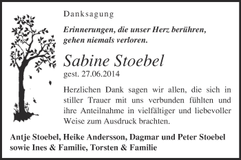 Traueranzeige von Sabine Stoebel von Super Sonntag Merseburg