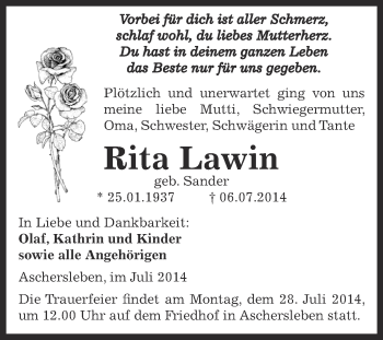 Traueranzeige von Rita Lawin von WVG - Wochenspiegel Aschersleben