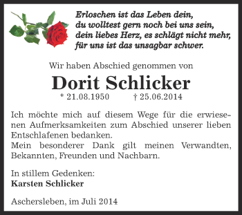 Traueranzeige von Dorit Schlicker von WVG - Wochenspiegel Aschersleben