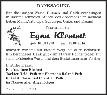 Traueranzeige von Egon Klemmt von Super Sonntag Zeitz