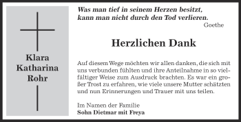 Traueranzeige von Klara Katharina Rohr von Super Sonntag Bernburg