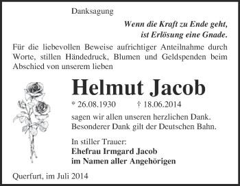Traueranzeige von Helmut Jacob von Super Sonntag Merseburg