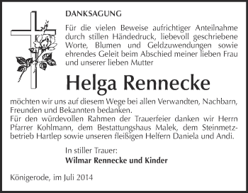 Traueranzeige von Helga Rennecke von WVG - Wochenspiegel Quedlinburg