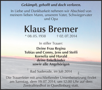 Traueranzeige von Klaus Bremer von WVG - Wochenspiegel Quedlinburg