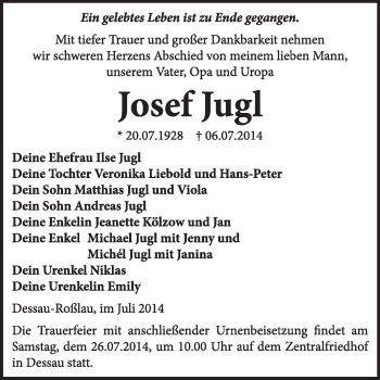 Traueranzeige von Josef Jugl von Super Sonntag Dessau / Köthen