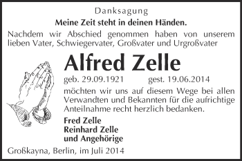 Traueranzeige von Alfred Zelle von WVG - Wochenspiegel Merseburg