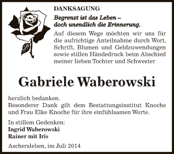 Traueranzeige von Gabriele Waberowski von WVG - Wochenspiegel Aschersleben