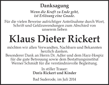 Traueranzeige von Klaus Dieter Rickert von WVG - Wochenspiegel Quedlinburg