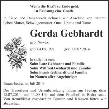 Traueranzeige von Gerda Gebhardt von WVG - Wochenspiegel Merseburg