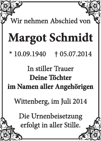 Traueranzeige von Margot Schmidt von WVG - Wochenspiegel Wittenberg