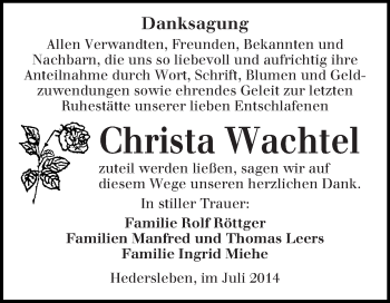 Traueranzeige von Christa Wachtel von WVG - Wochenspiegel Quedlinburg
