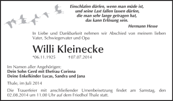 Traueranzeige von Willi Kleinecke von WVG - Wochenspiegel Quedlinburg