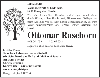 Traueranzeige von Ottomar Rasehorn von WVG - Wochenspiegel Quedlinburg