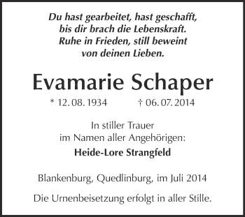 Traueranzeige von Evamarie Schaper von WVG - Wochenspiegel Quedlinburg