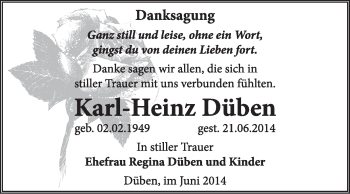 Traueranzeige von Karl-Heinz Düben von Super Sonntag Wittenberg