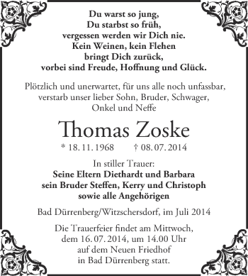 Traueranzeige von Thomas Zoske von Super Sonntag Merseburg