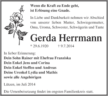 Traueranzeige von Gerda Herrmann von Super Sonntag Merseburg