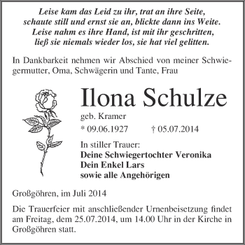 Traueranzeige von Ilona Schulze von WVG - Wochenspiegel Merseburg