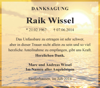 Traueranzeige von Raik Wissel von Super Sonntag SGH Mansf. Land