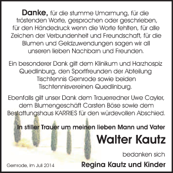 Traueranzeige von Walter Kautz von WVG - Wochenspiegel Quedlinburg