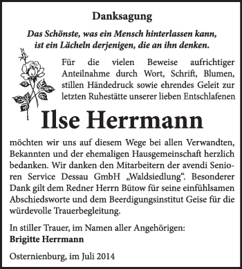 Traueranzeige von Ilse Herrmann von Super Sonntag Dessau / Köthen