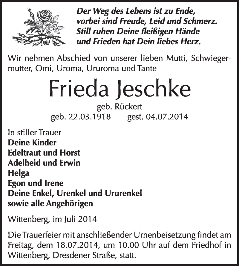  Traueranzeige für Frieda Jeschke vom 13.07.2014 aus WVG - Wochenspiegel Wittenberg