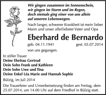 Traueranzeige von Eberhard de Bernardo von WVG - Wochenspiegel Wittenberg