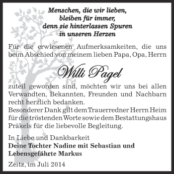 Traueranzeige von Willi Pagel von Super Sonntag Zeitz