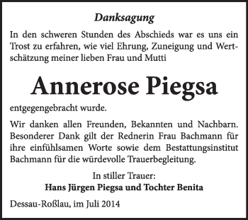 Traueranzeige von Annerose Piegsa von Super Sonntag Dessau / Köthen