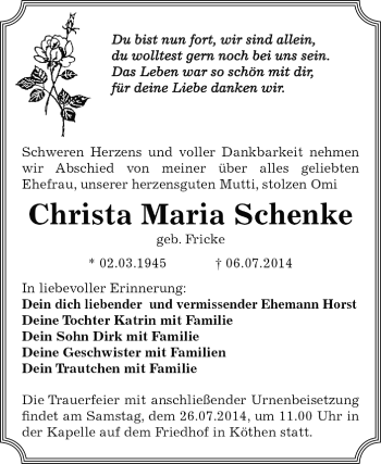 Traueranzeige von Christa Maria Schenke von WVG - Wochenspiegel Dessau / Köthen