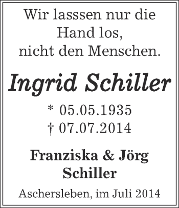 Traueranzeige von Ingrid Schiller von WVG - Wochenspiegel Aschersleben