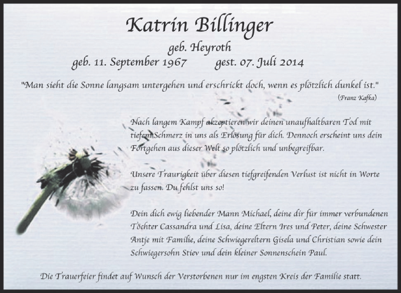  Traueranzeige für Katrin Billinger vom 16.07.2014 aus WVG - Wochenspiegel SGH