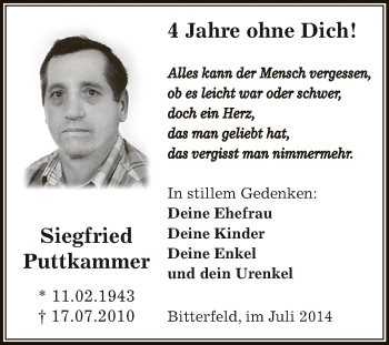 Traueranzeige von Siegfried Puttkammer von WVG - Wochenspiegel Bitterfeld