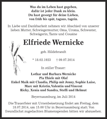 Traueranzeige von Elfriede Wernicke von Super Sonntag SGH Mansf. Land