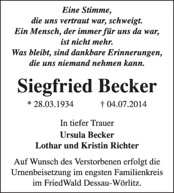 Traueranzeige von Siegfried Becker von Super Sonntag Dessau / Köthen