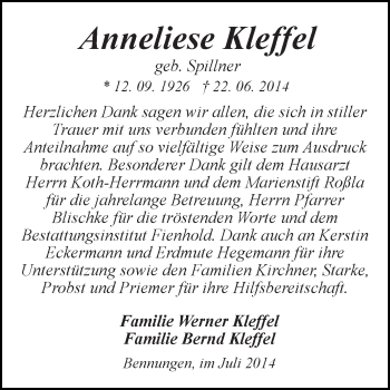 Traueranzeige von Anneliese Kleffel von Super Sonntag SGH Mansf. Land