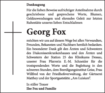 Traueranzeige von Georg Fox von Super Sonntag Dessau / Köthen