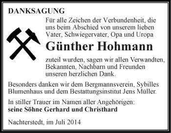 Traueranzeige von Günther Hohmann von Super Sonntag Aschersleben