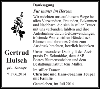 Traueranzeige von Gertrud Hulsch von Super Sonntag Aschersleben