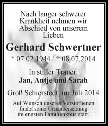 Traueranzeige von Gerhard Schwertner von Super Sonntag Aschersleben
