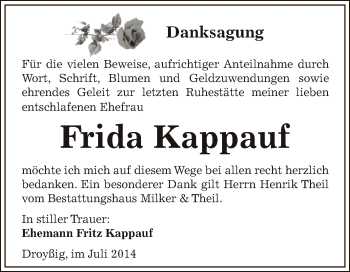 Traueranzeige von Frida Kappauf von Super Sonntag Zeitz