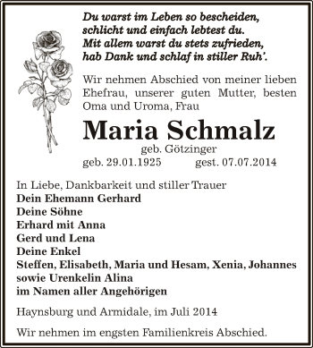 Traueranzeige von Maria Schmalz von Super Sonntag Zeitz