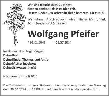 Traueranzeige von Wolfgang Pfeifer von Super Sonntag Quedlinburg
